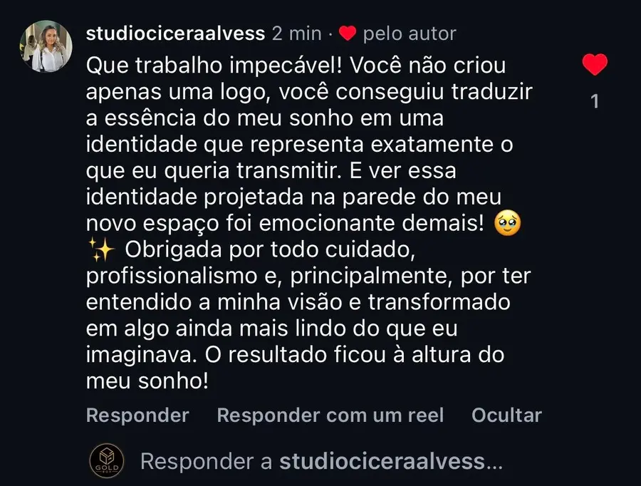 Print real do feedback de Cícera Alves sobre a identidade visual
