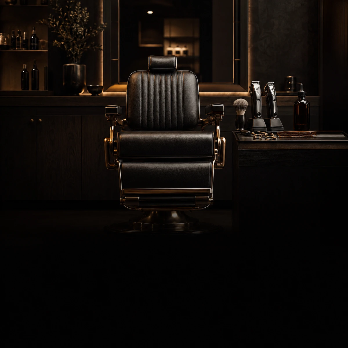 Cadeira de barbearia premium em ambiente escuro com detalhes dourados — direção visual para beleza, moda e estética pela Gold Box