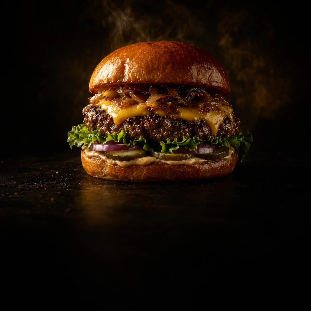 Hambúrguer artesanal em fotografia publicitária com iluminação dramática — direção visual para gastronomia e delivery pela Gold Box