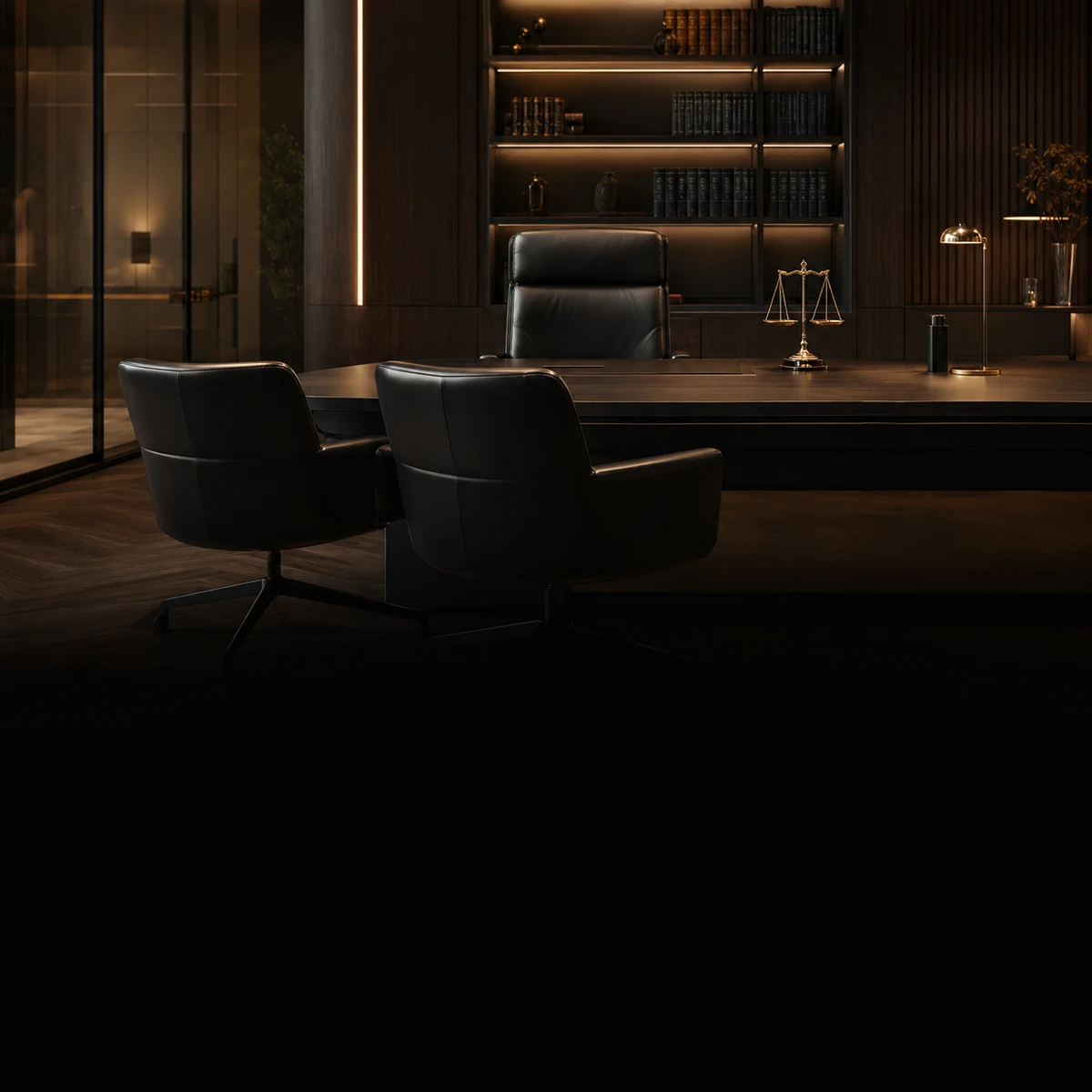 Escritório de advocacia sofisticado com mesa de madeira e balança dourada — direção visual para profissionais liberais pela Gold Box